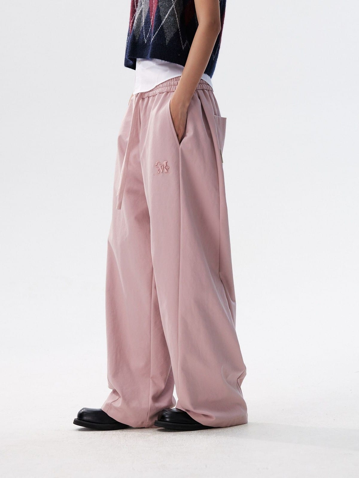 MEDM Spliced Drawstring Wide Leg Trousers in Pink - On Model
