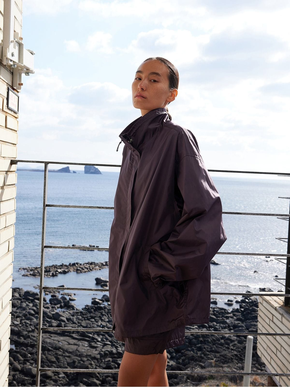 Random Piece Stand Collar Polyamide Windbreaker in Brown - On Female Model