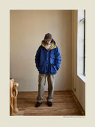 USAGE Cotton Nylon Hooded Mountain Parka in Blue - On Male Model