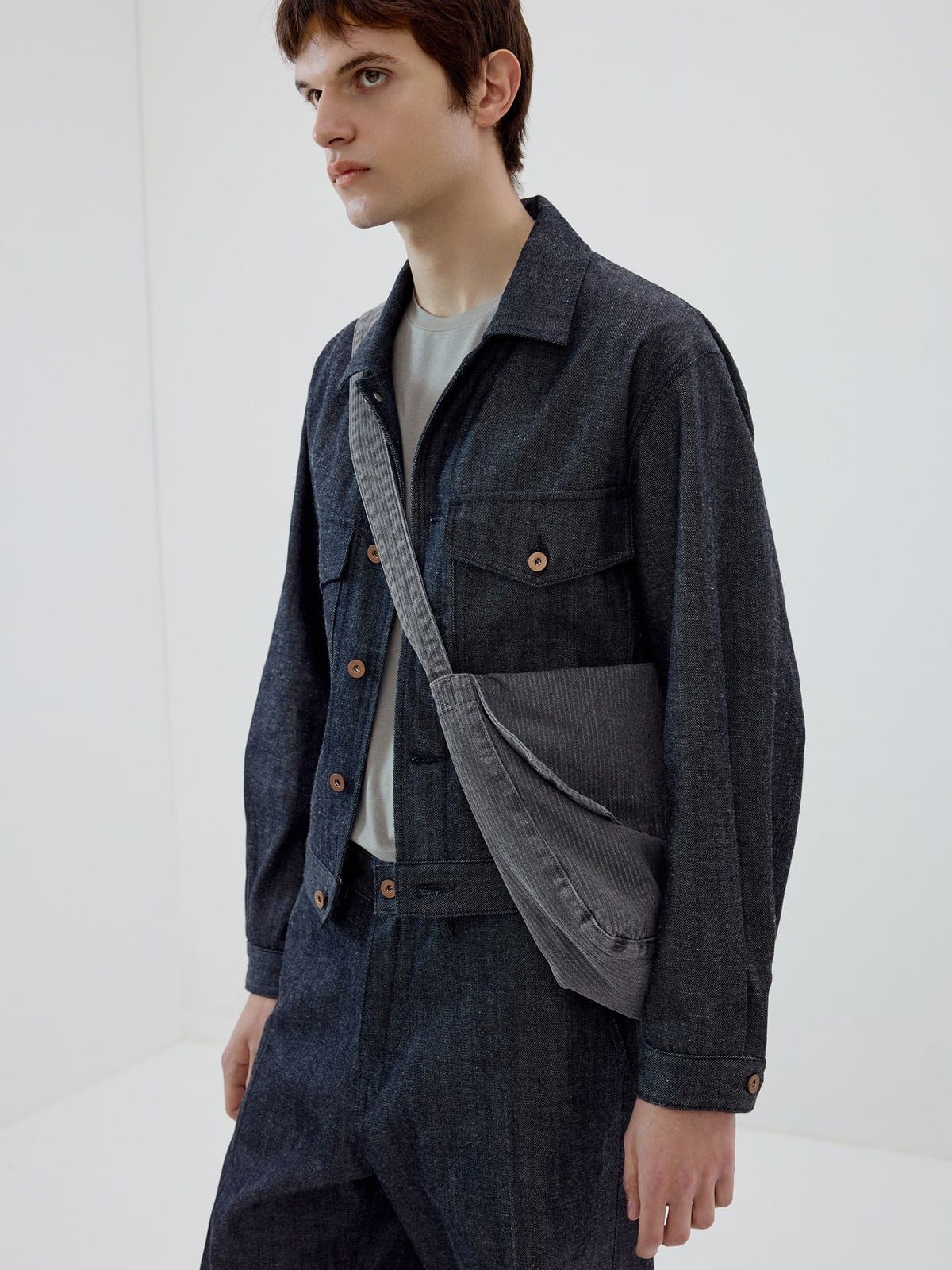 SIMPLE PROJECT Ramie Blend Raw Denim Field Jacket in Blue - On Male Model