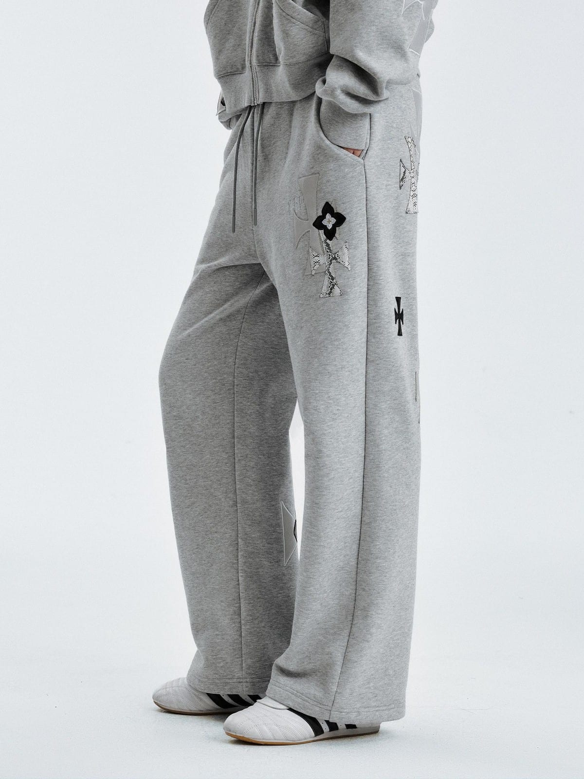 MEDM Leopard Leather Patch Drawstring Pants in Gray - On Model