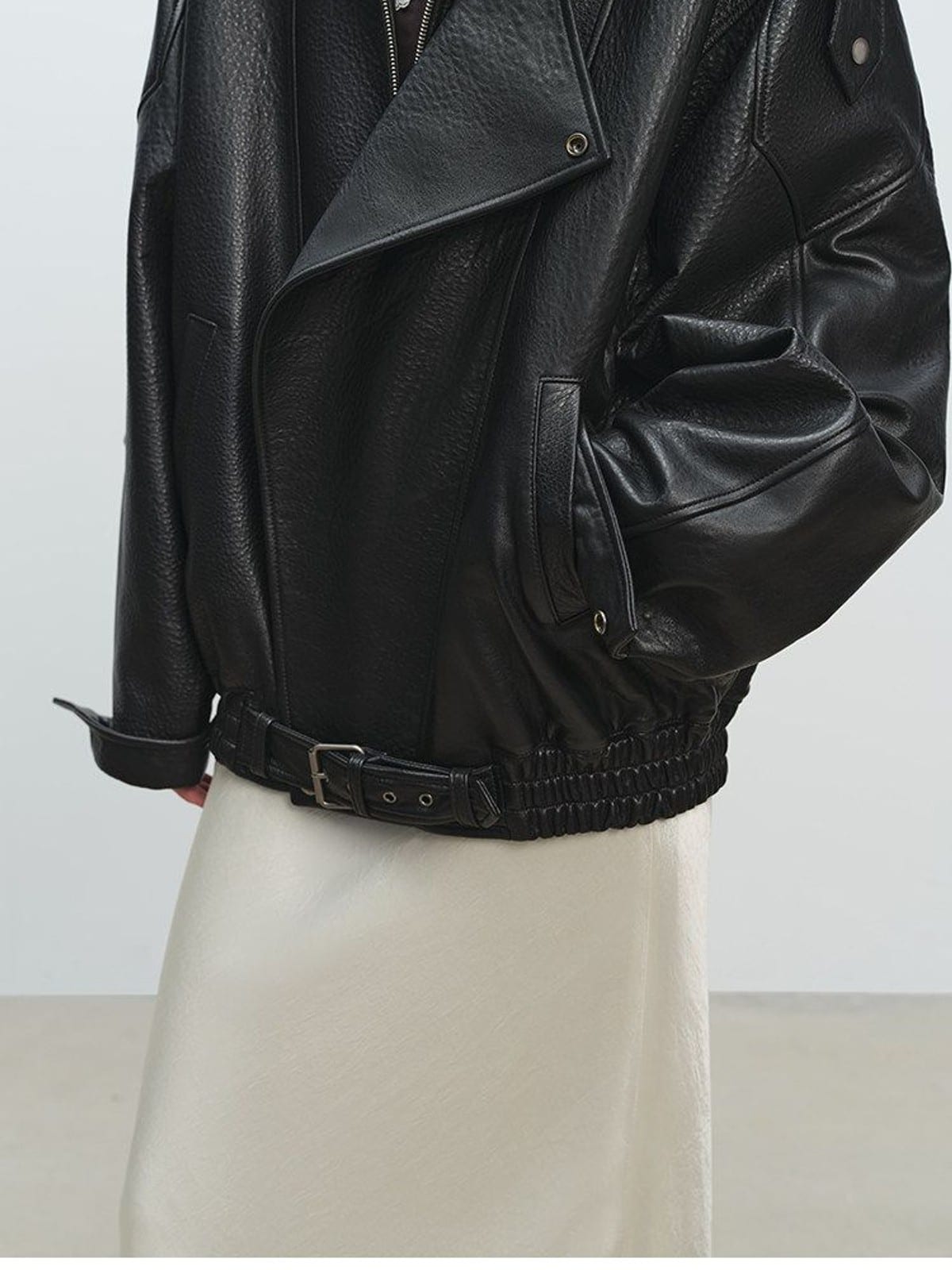 MSBEAST Double Collar Lambskin Leather Jacket in Black - On Female Model