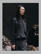 D5ove Mid Length Band Collar Shirt in Black - On Male Model