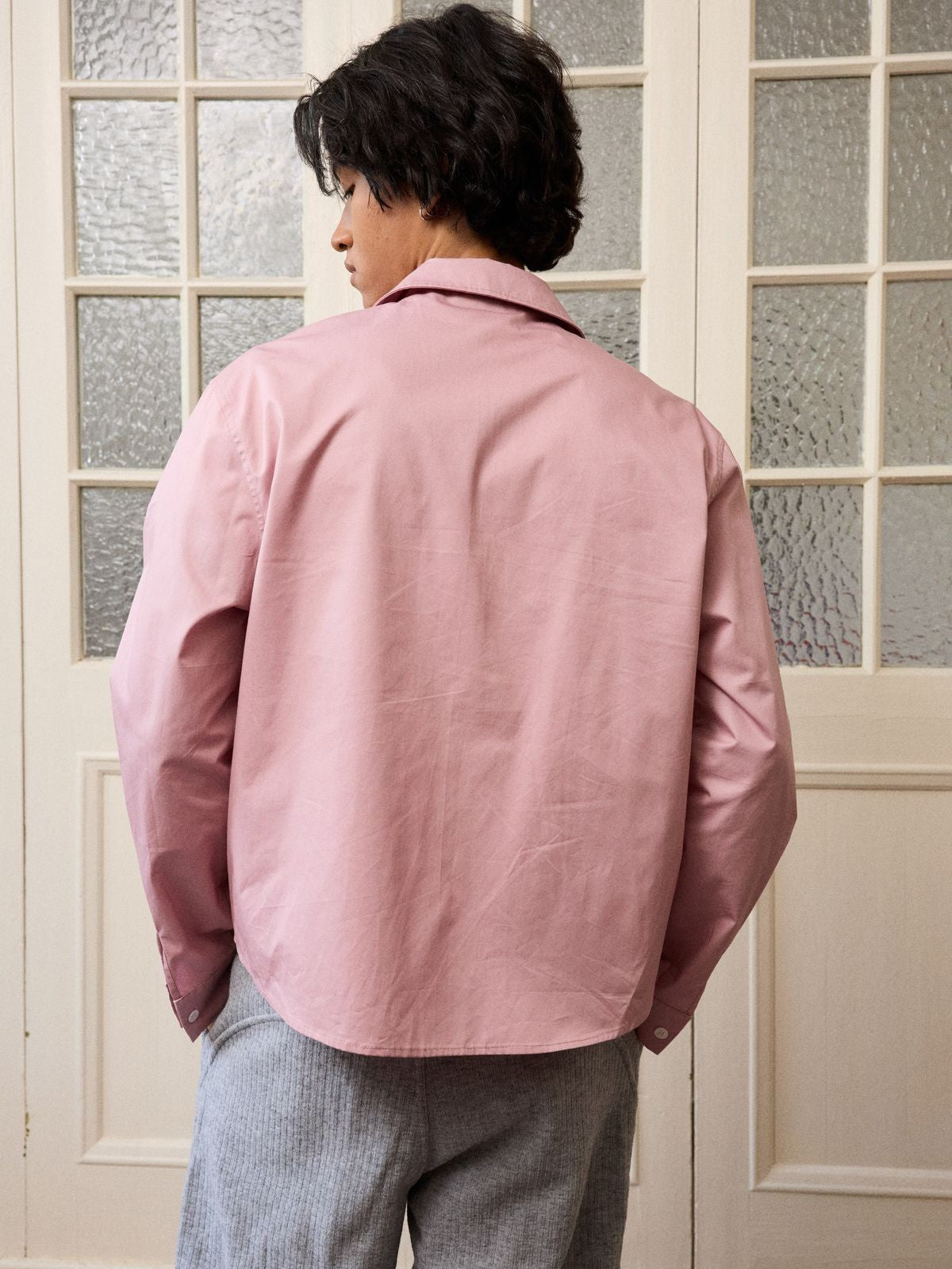 Retro 21 Pink Beige Double Zip Cotton Shirt in Off-White - On Male Model