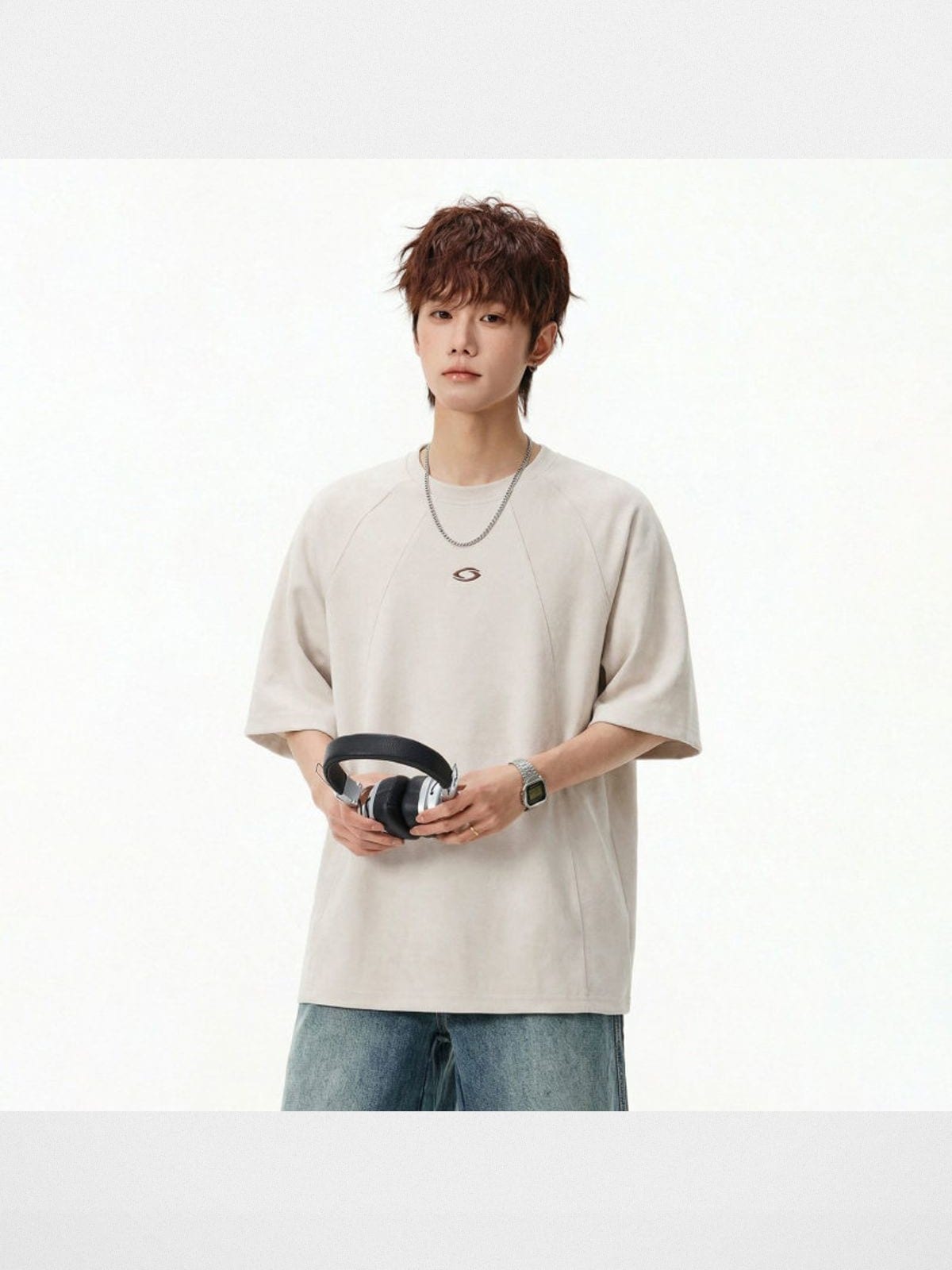 MASONPRINCE Suede Short Sleeve T Shirt in White - On Male Model