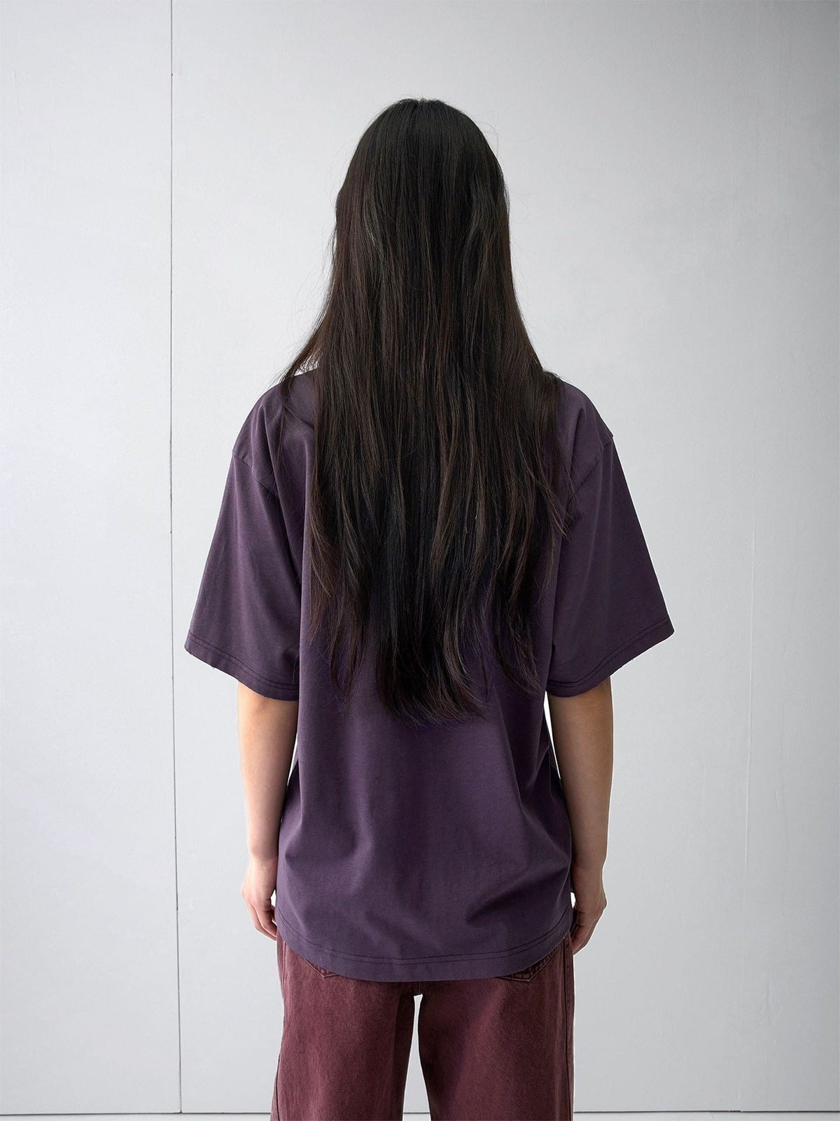 Random Piece Distressed Cotton Blend T Shirt in Purple - On Model