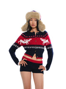 SweetChilling Reindeer Jacquard Wool Blend Cardigan in Navy Blue - On Female Model