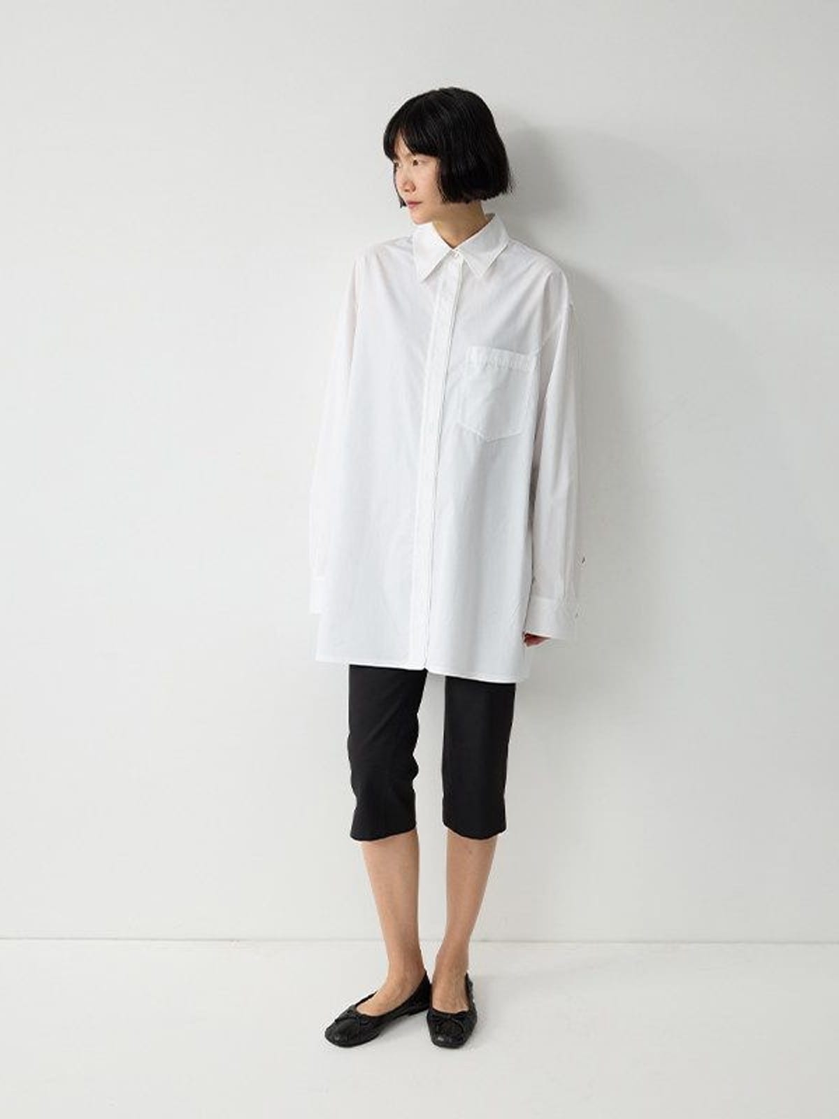 Random Piece Oversized Cotton Button Down Shirt in White - On Female Model