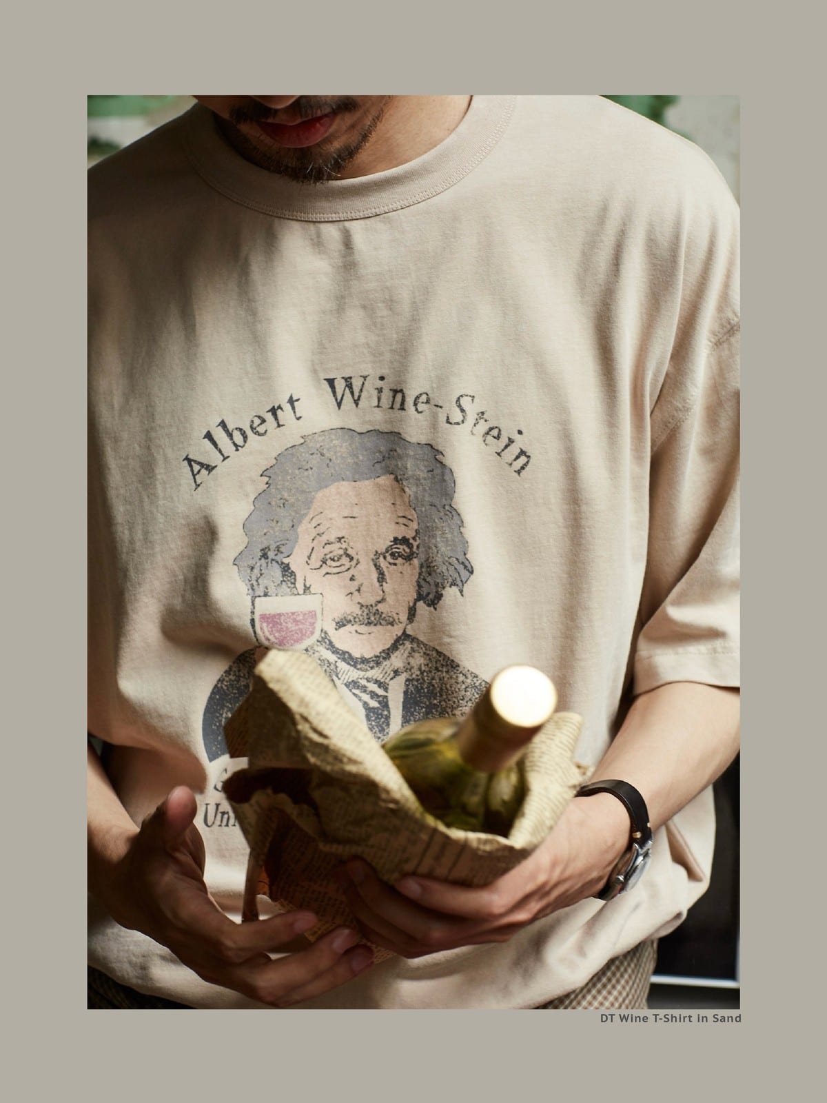 USAGE Vintage Wash Einstein Graphic T Shirt in Beige - On Male Model