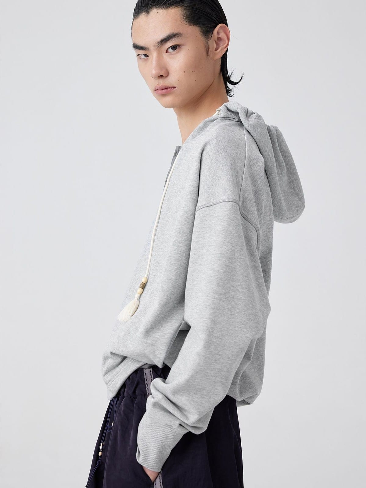 SIMPLE PROJECT Overlapping Slant Placket Hoodie in Gray - On Male Model