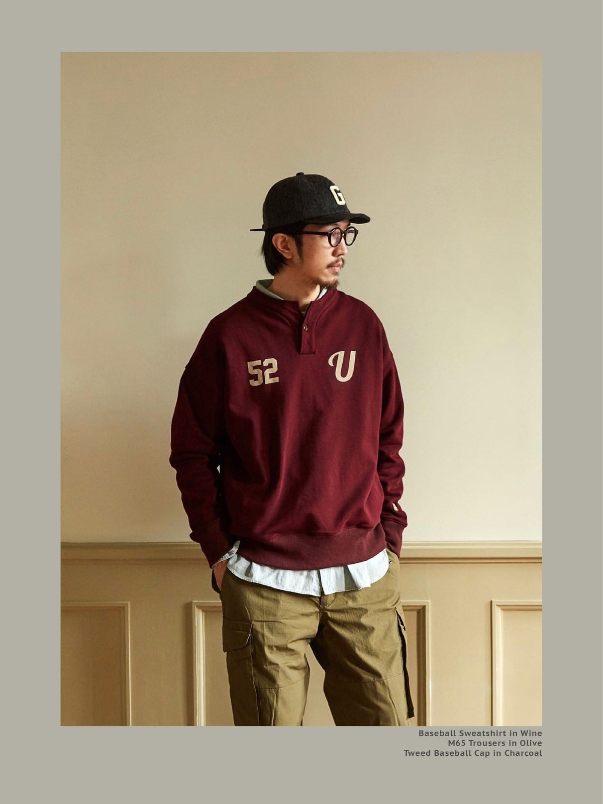 USAGE Terry Cotton Henley Sweatshirt in Burgundy - On Male Model