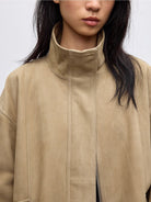 Random Piece Sheepskin Suede Stand Collar Jacket in Khaki - On Female Model