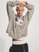 BASTARD Washed Applique Zip Up Hoodie in Gray - On Male Model