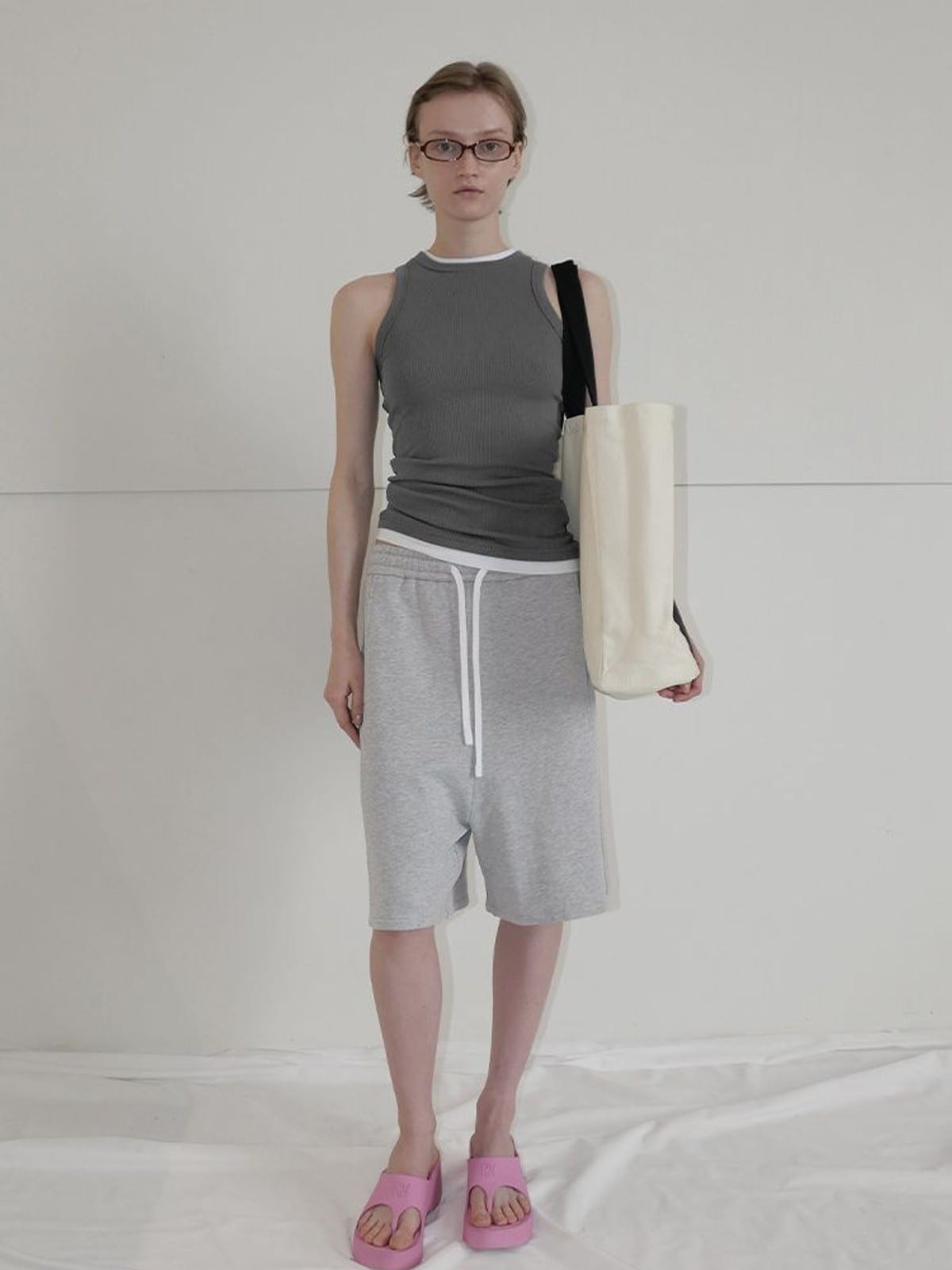 RARELY ALIKE Cotton Drawstring Sweat Shorts in Gray - On Female Model