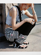 CFIERCE Striped Skirted Flare Trousers in Black - On Female Model