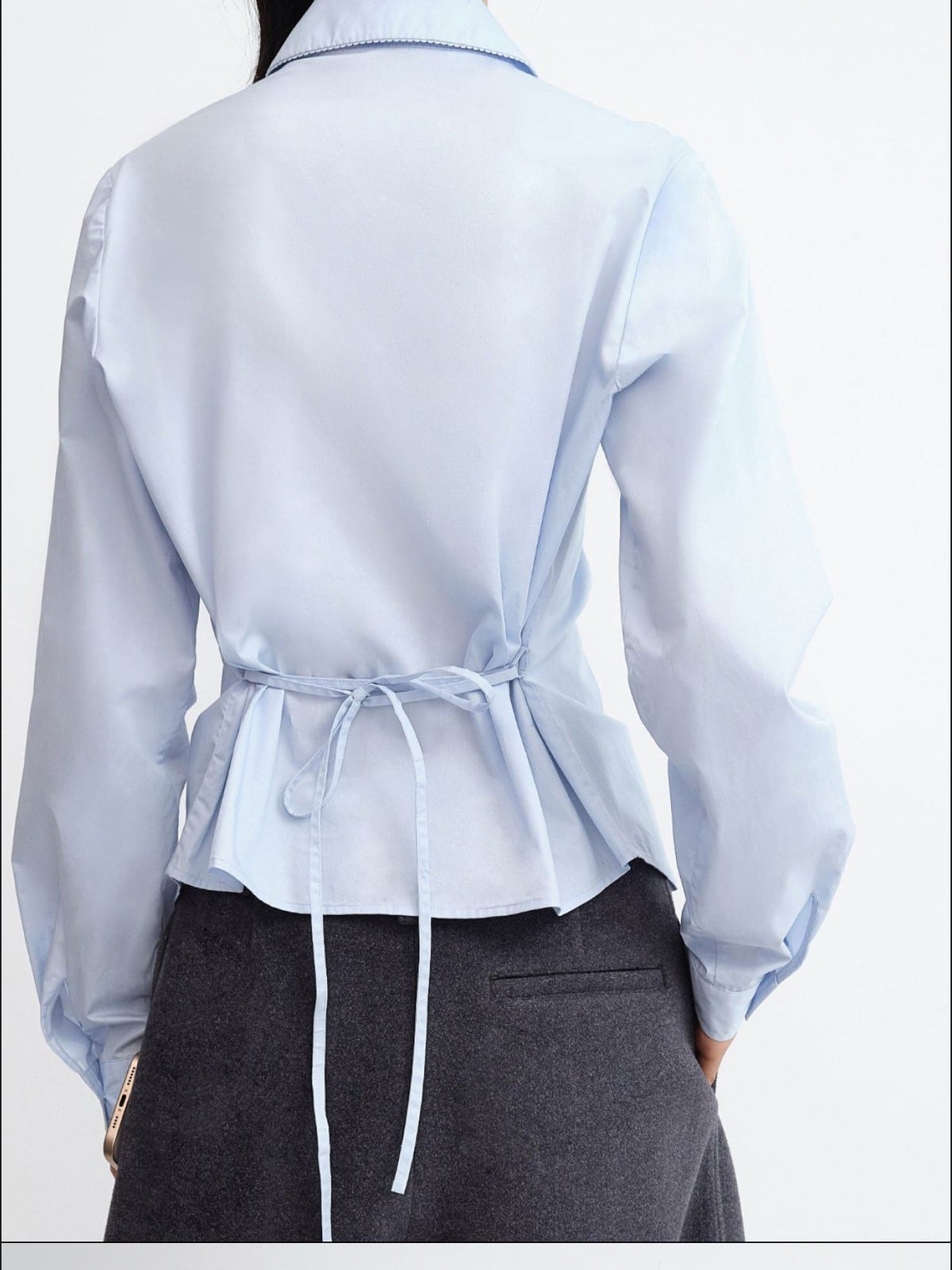 RARELY ALIKE Scalloped Peter Pan Collar Blouse in Sky Blue - On Model