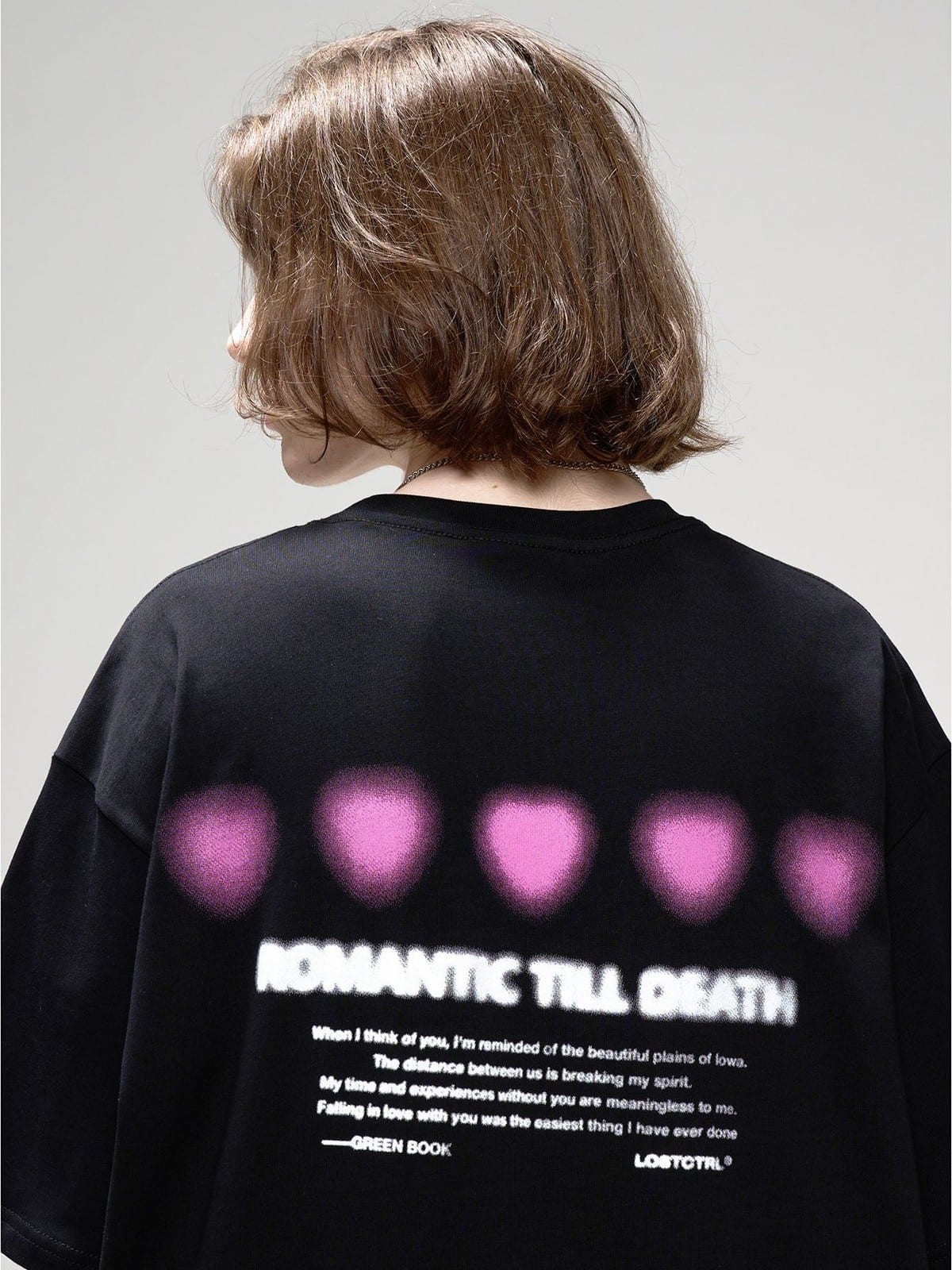 LOSTCTRL Blurred Heart Graphic Cotton T Shirt in Black - On Model