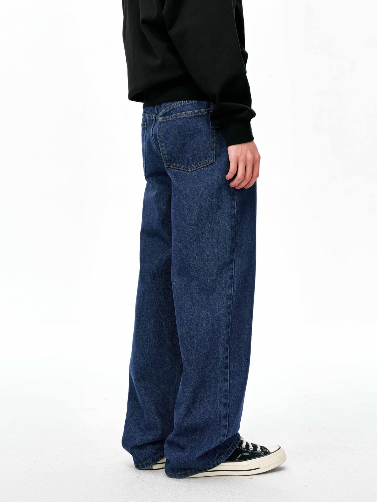 MEDM Washed Wide Leg Jeans in Navy Blue - On Model