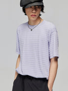 SIMPLE PROJECT Textured Diagonal Paneled T Shirt in Lavender - On Male Model
