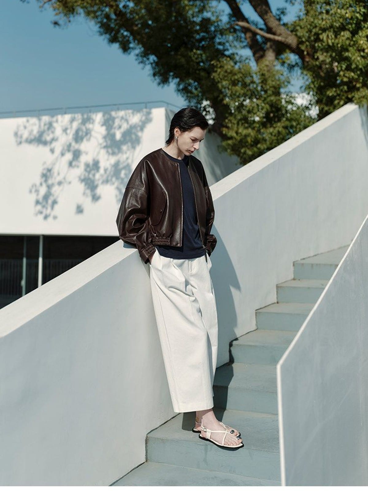 MSBEAST Cotton Blend Tapered Cropped Trousers in White - On Female Model