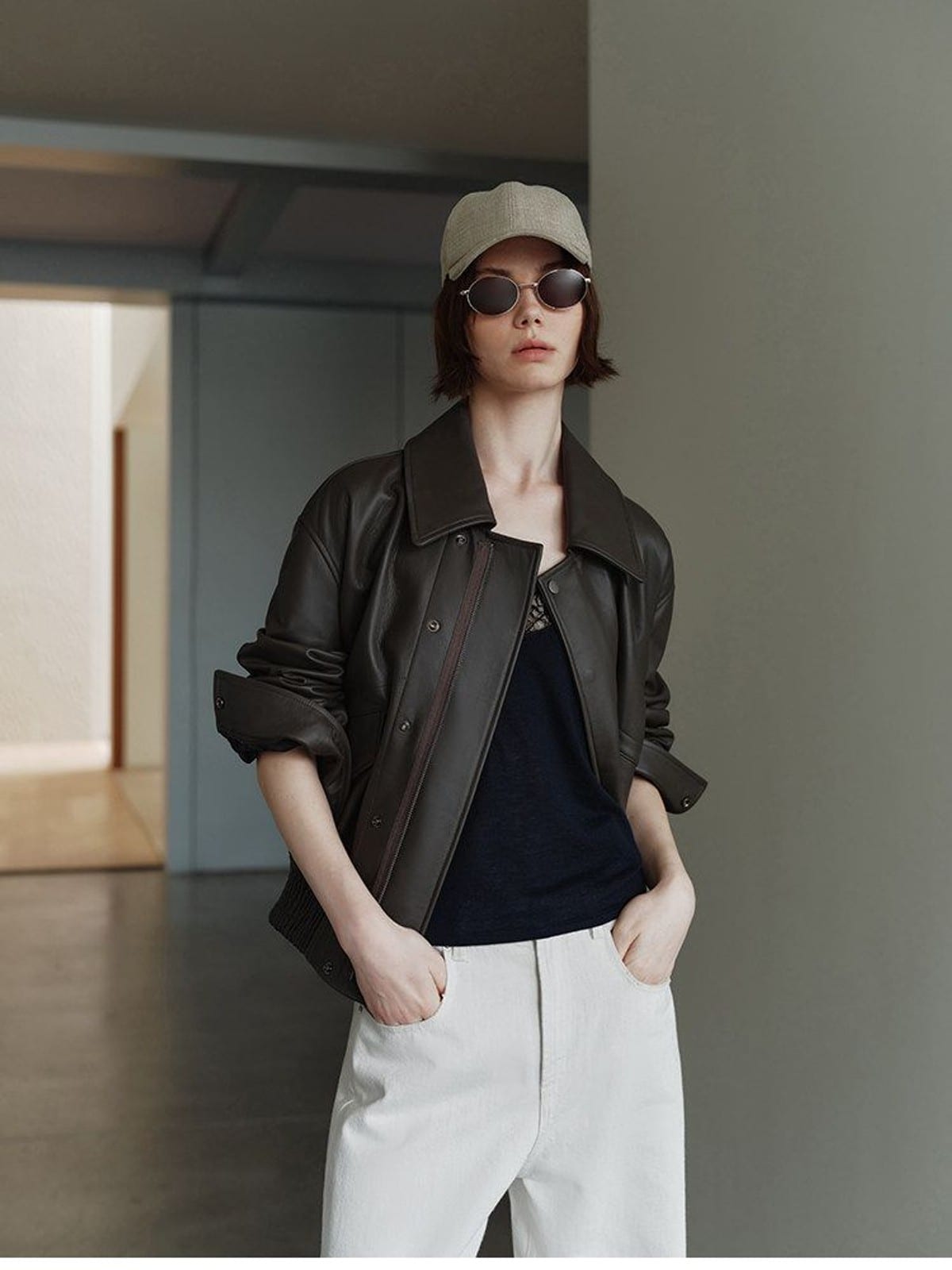 MSBEAST Cow Leather Flight Jacket in Brown - On Female Model