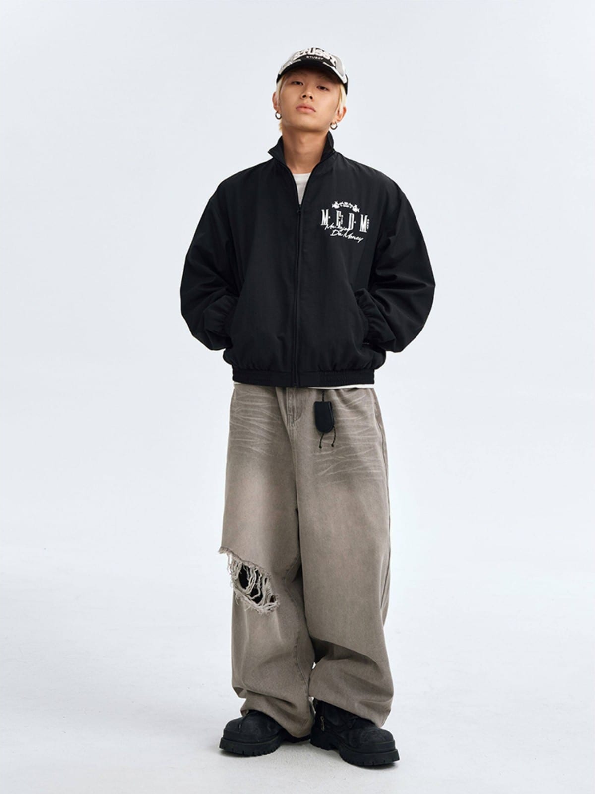 MEDM Nylon Stand Collar Coach Jacket in Black - On Male Model