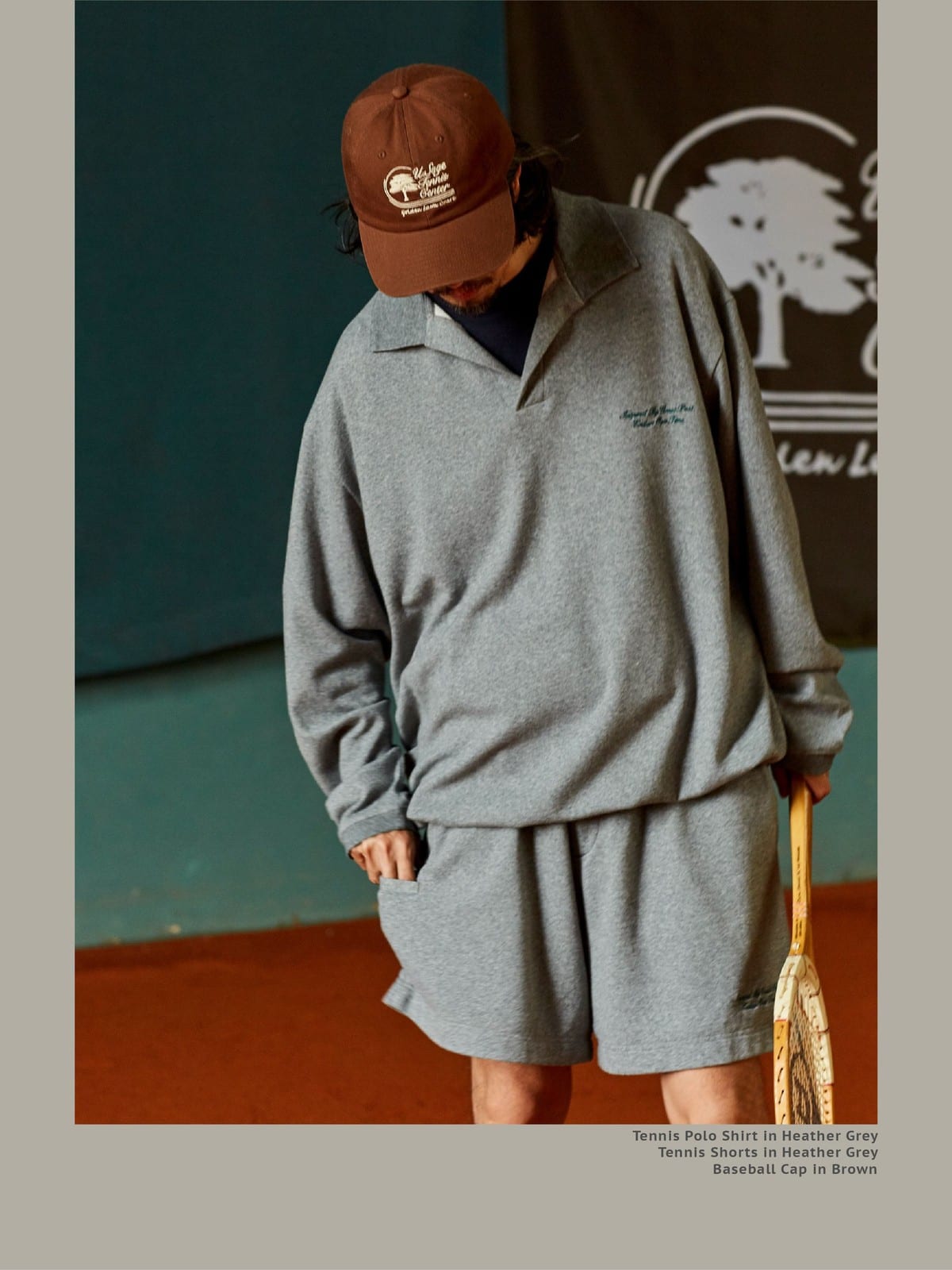 USAGE Oversized Textured Long Sleeve Polo in Gray - On Male Model