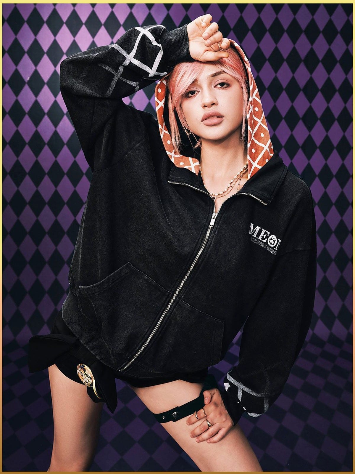 MEDM Guido Mista Graphic Zip Up Hoodie in Black - On Female Model