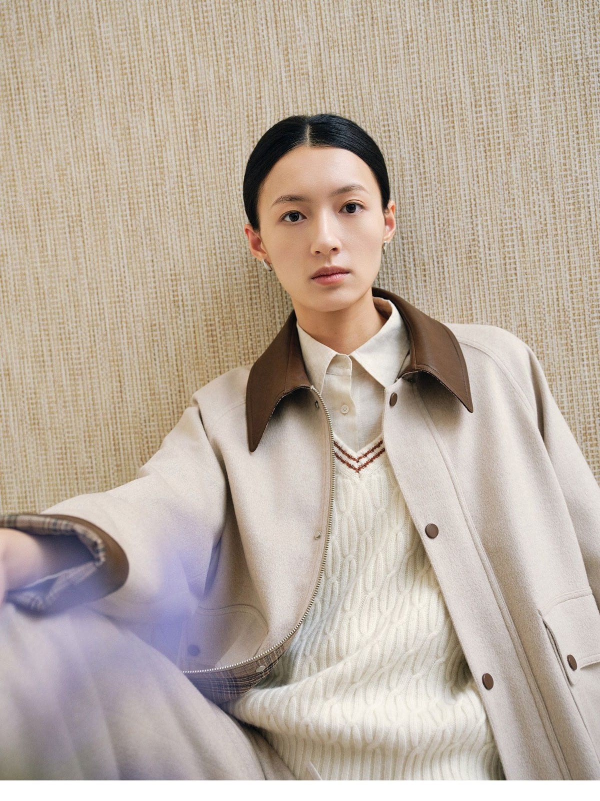TEASEL Cropped Silk Camel Hair Barn Jacket in Oatmeal - On Female Model