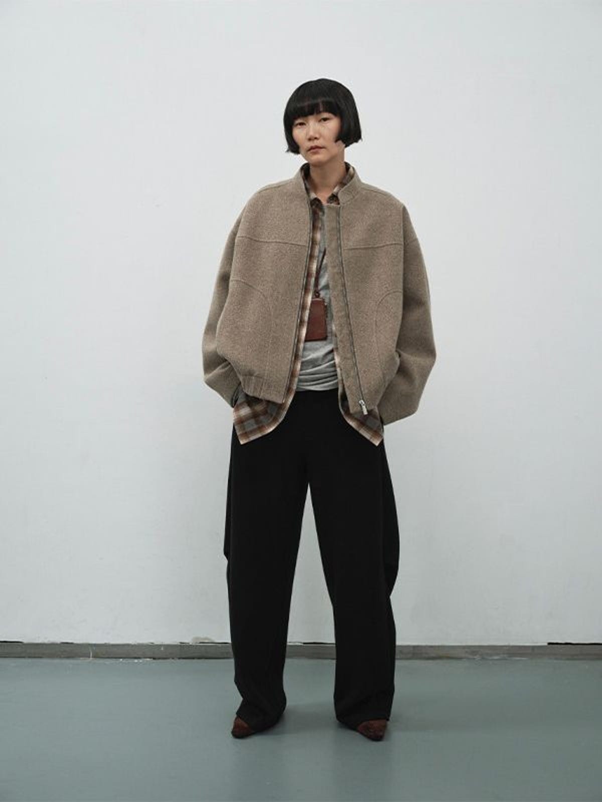 Random Piece Super 110S Wool Bomber Jacket in Brown - On Female Model
