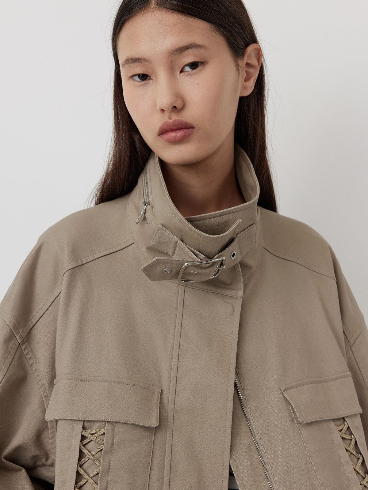 Random Piece Drawstring Cotton Twill Utility Jacket in Beige - On Female Model