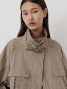 Random Piece Drawstring Cotton Twill Utility Jacket in Beige - On Female Model