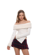 SweetChilling Faux Fur Trim Off The Shoulder Sweater in White - On Female Model