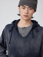 SIMPLE PROJECT Distressed Wide Neck Cropped Hoodie in Navy - On Male Model