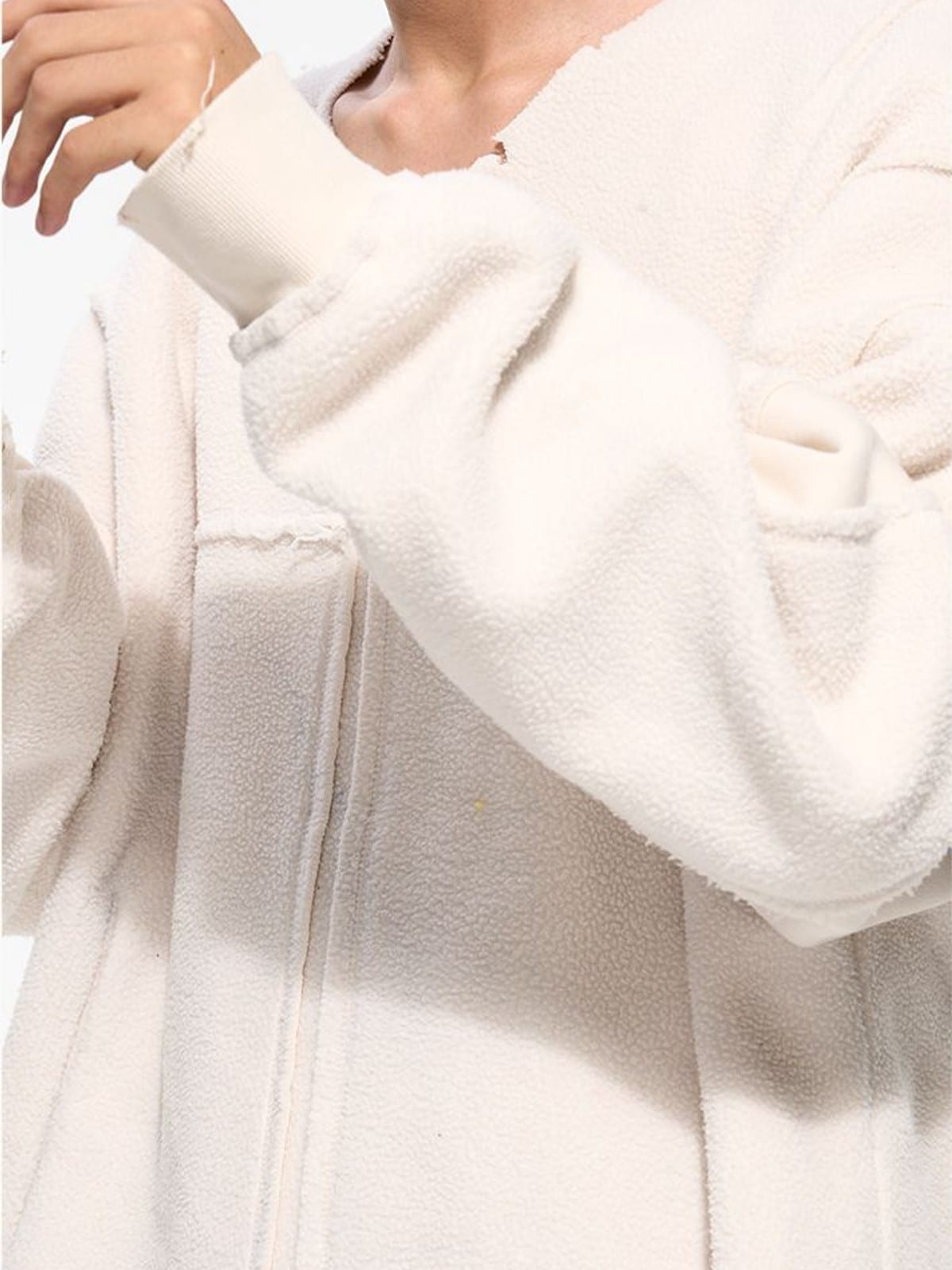 D5ove Distressed V Neck Fleece Sweatshirt in Cream - On Male Model