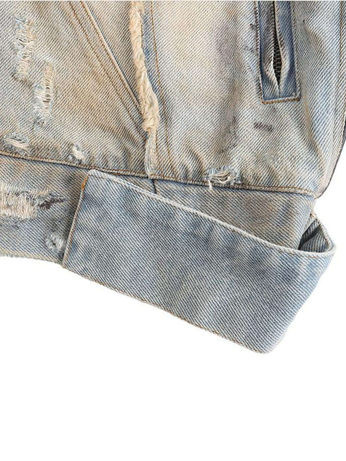 D5ove Mud Dyed Distressed Fringed Denim Jacket in Gray - Detail
