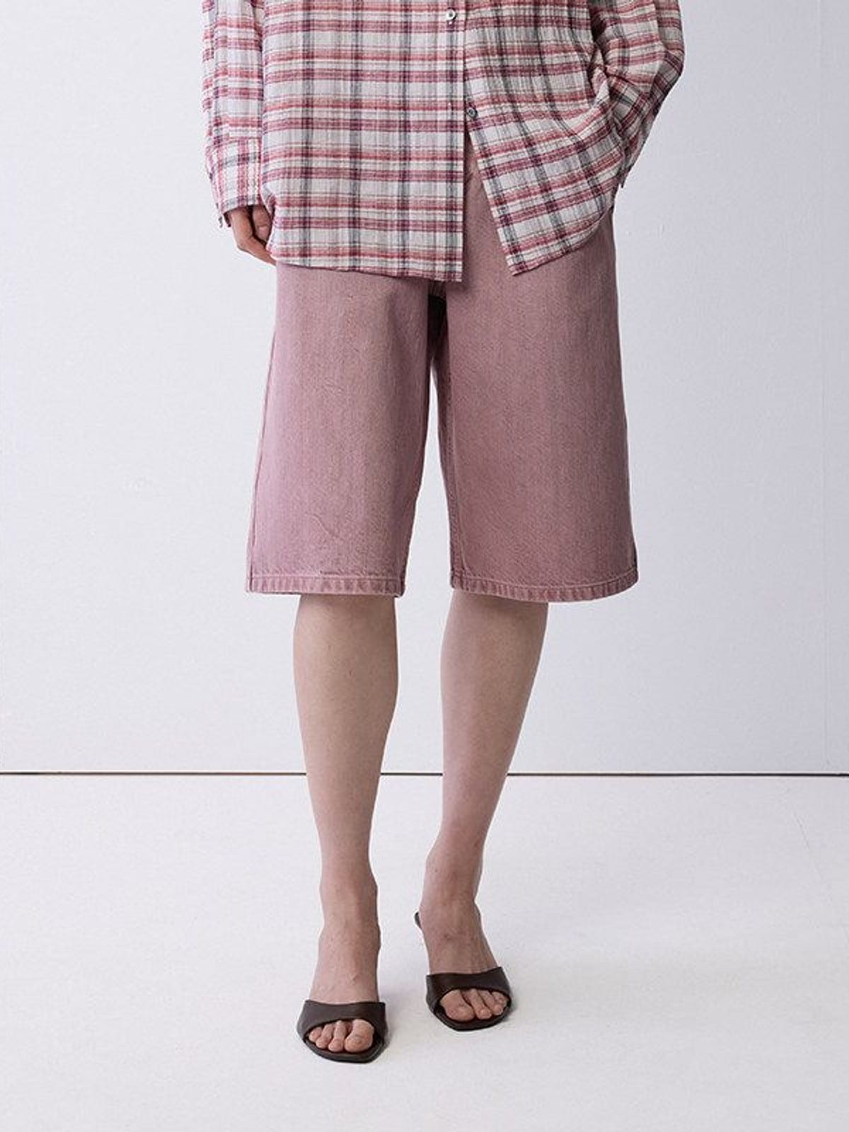 Random Piece Vintage Wash A Line Denim Shorts in Pink - On Female Model