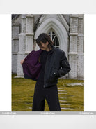 Y OFFICIAL High Neck Nylon Bomber Jacket in Black - On Male Model