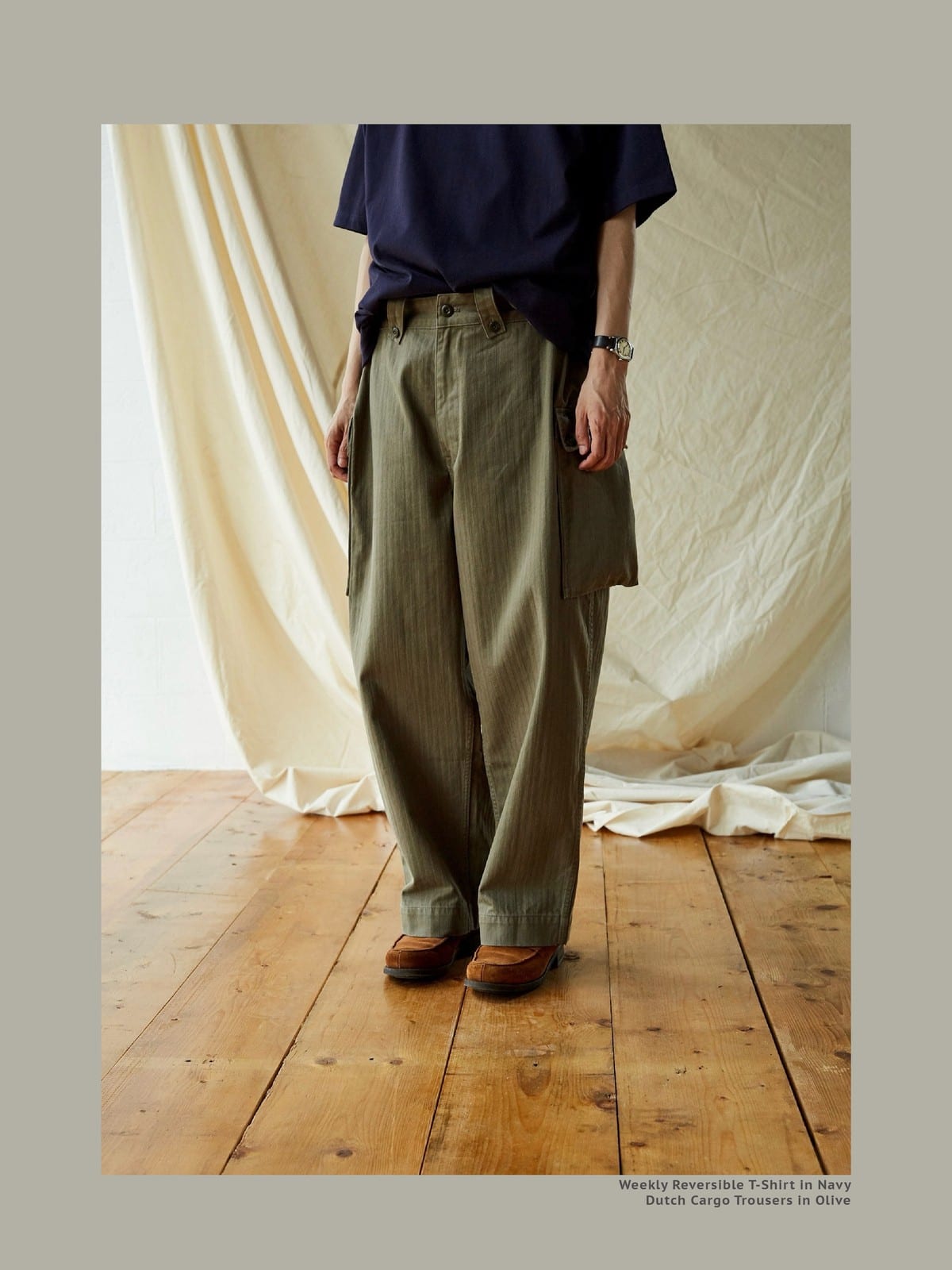 USAGE Heavyweight Herringbone Cargo Pants in Olive - On Male Model