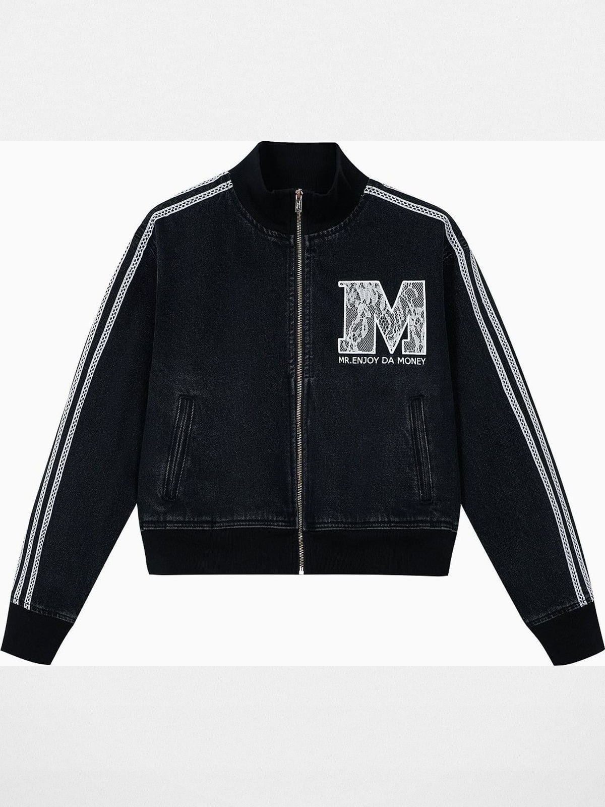 MEDM Lace Trim Stand Collar Denim Jacket in Black