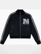 MEDM Lace Trim Stand Collar Denim Jacket in Black