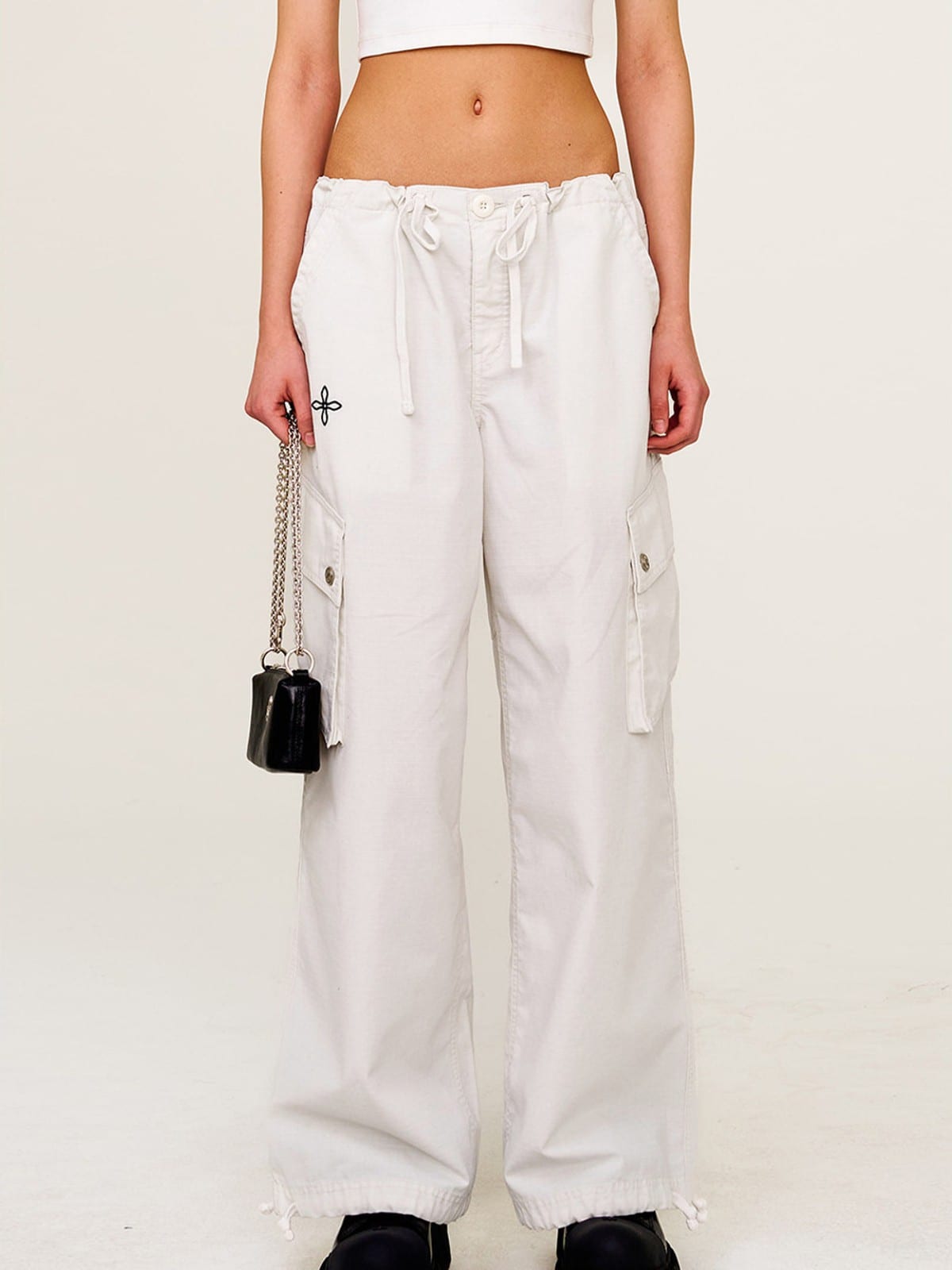 SMFK Wide Leg Parachute Cargo Pants in White - On Female Model