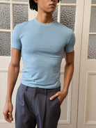 Retro 21 Japanese Wool Blend Crew Neck Tee in Sky Blue - On Male Model
