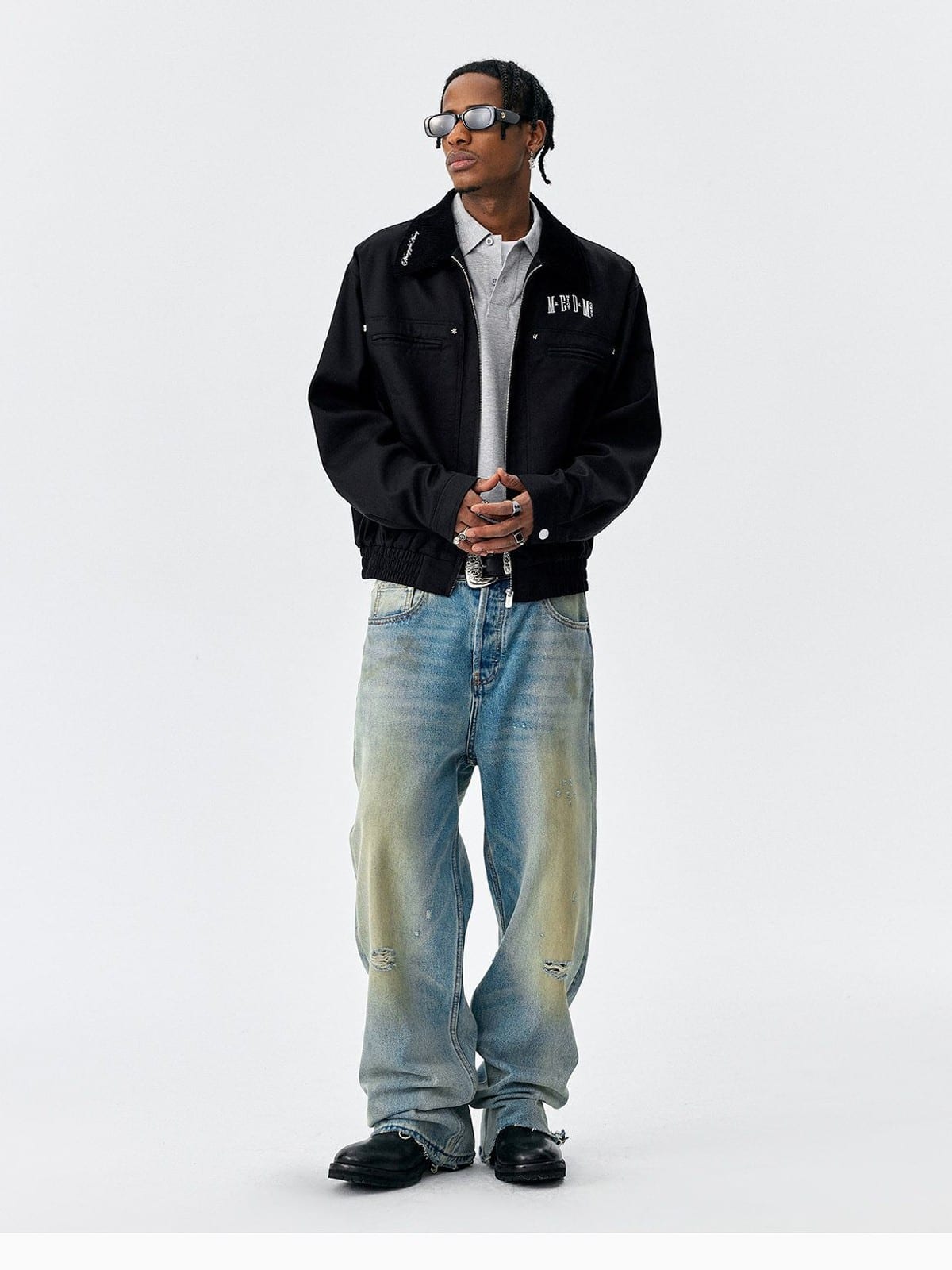 MEDM Embroidered Harrington Jacket in Black - On Male Model