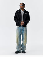 MEDM Embroidered Harrington Jacket in Black - On Male Model