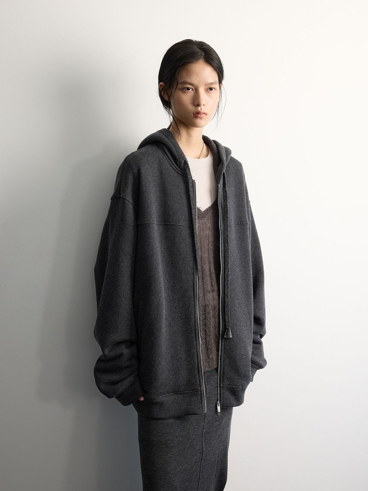 Random Piece Wool Blend Fleece Lined Zip Hoodie in Gray - On Female Model