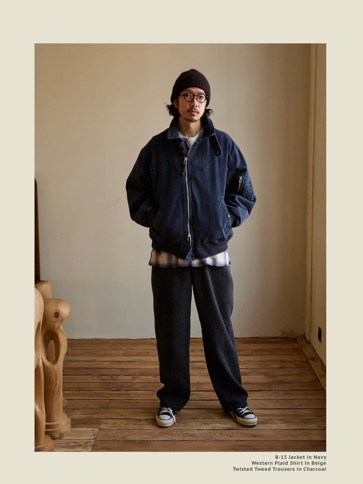USAGE Washed Cotton Lyocell B 15 Bomber in Navy - On Male Model