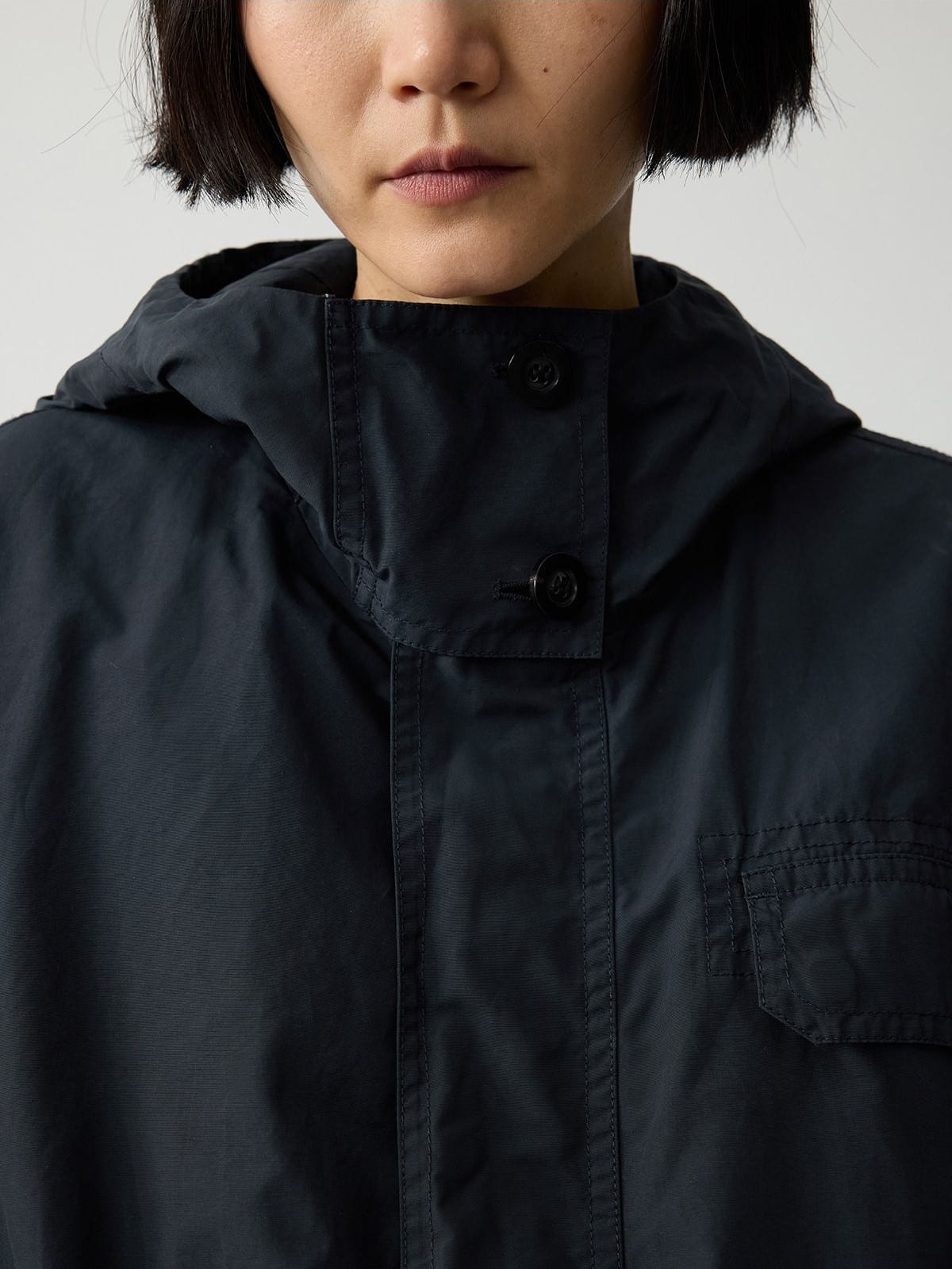 Random Piece Cotton Blend Cropped Drawstring Jacket in Navy Blue - On Female Model