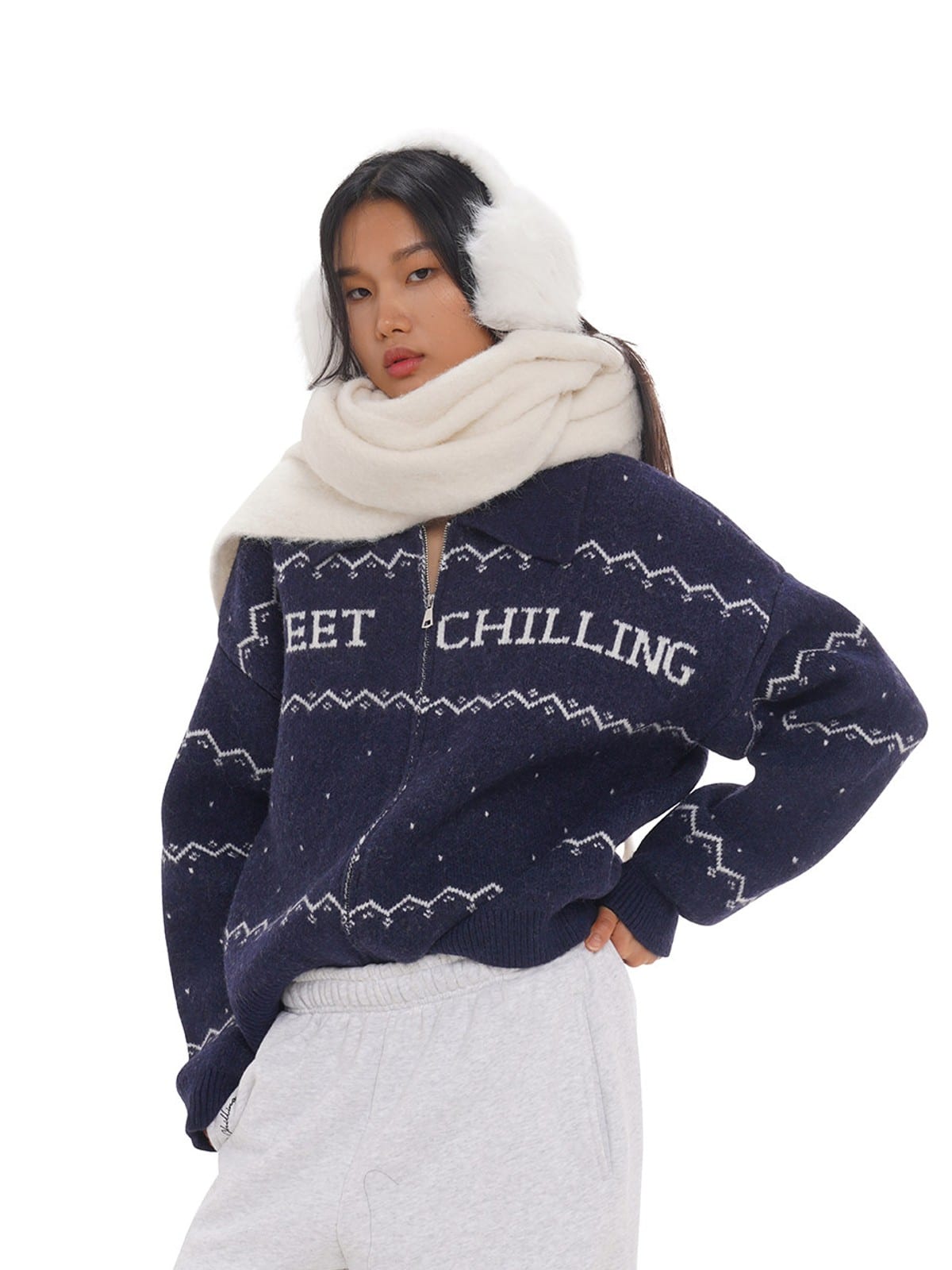 SweetChilling Fair Isle Zip Up Knit Jacket in Navy Blue - On Female Model