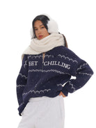 SweetChilling Fair Isle Zip Up Knit Jacket in Navy Blue - On Female Model